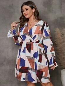 Plus Geo Print Flounce Sleeve Dress - Multicolor - View 4