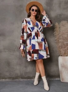 Plus Geo Print Flounce Sleeve Dress - Multicolor - View 5