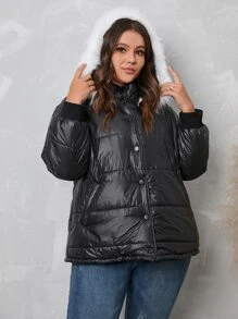 Plus Fuzzy Trim Hooded Padded Padded Coat Clothes Winter - Black - View 4