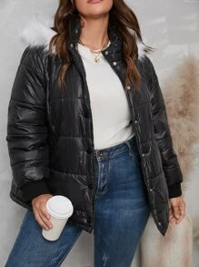 Plus Fuzzy Trim Hooded Padded Padded Coat Clothes Winter - Black - View 5