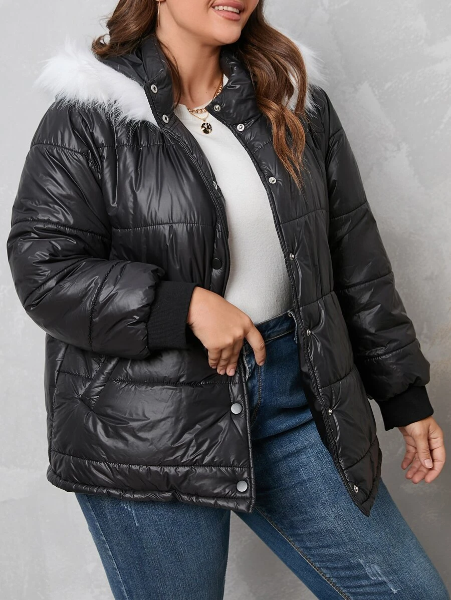 Plus Fuzzy Trim Hooded Padded Padded Coat Clothes Winter - Black - View 1