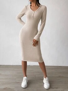SHEIN Essnce Vestido con botón delantero tejido de canalé - Albaricoque - Ver 1