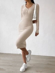 SHEIN Essnce Vestido con botón delantero tejido de canalé - Albaricoque - Ver 3