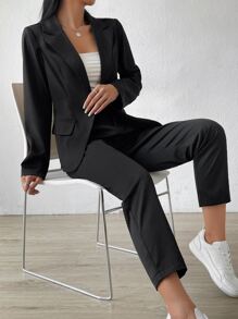 SHEIN EZwear 女士纯色翻领长袖单排扣休闲西装外套和裤子通勤套装 - 黑色 - 查看 4