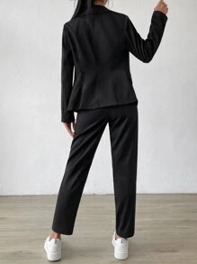 SHEIN EZwear 女士纯色翻领长袖单排扣休闲西装外套和裤子通勤套装 - 黑色 - 查看 3
