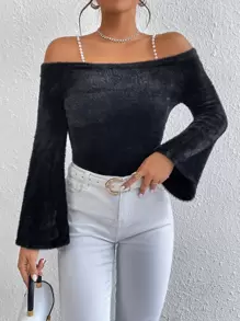 SHEIN Privé Pearls Beaded Cold Shoulder Trumpet Sleeve Fluffy Knit Jumper - Black - View 1