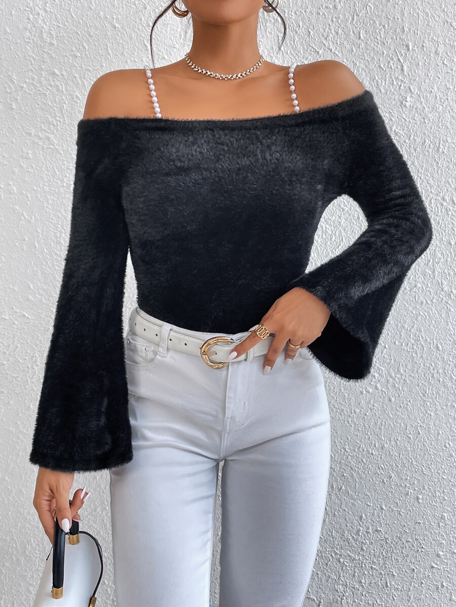 SHEIN Privé Pearls Beaded Cold Shoulder Trumpet Sleeve Fluffy Knit Jumper - Black - View 1