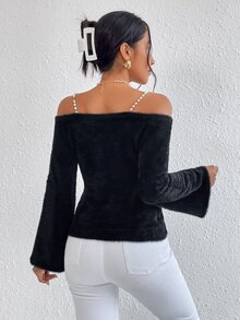 SHEIN Privé Pearls Beaded Cold Shoulder Trumpet Sleeve Fluffy Knit Jumper - Black - View 2