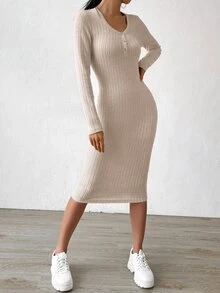 SHEIN Essnce Vestido con botón delantero tejido de canalé - Albaricoque - Ver 6
