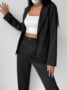 SHEIN EZwear 女士纯色翻领长袖单排扣休闲西装外套和裤子通勤套装 - 黑色 - 查看 2