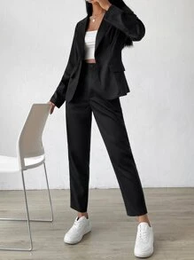 SHEIN EZwear 女士纯色翻领长袖单排扣休闲西装外套和裤子通勤套装 - 黑色 - 查看 5