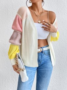 SHEIN Privé Colourblock Gathered Sleeve Duster Cardigan - Multicolor - View 3
