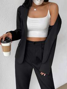 SHEIN EZwear 女士纯色翻领长袖单排扣休闲西装外套和裤子通勤套装 - 黑色 - 查看 6