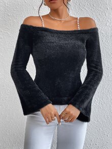 SHEIN Privé Pearls Beaded Cold Shoulder Trumpet Sleeve Fluffy Knit Jumper - Black - View 5