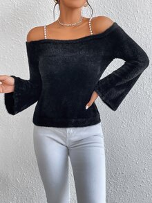 SHEIN Privé Pearls Beaded Cold Shoulder Trumpet Sleeve Fluffy Knit Jumper - Black - View 6