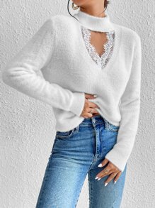 SHEIN Privé Eyelash Lace Panel Choker Neck Jumper - White - View 3