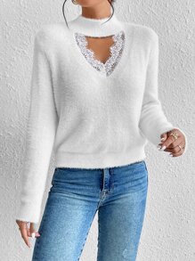 SHEIN Privé Eyelash Lace Panel Choker Neck Jumper - White - View 5