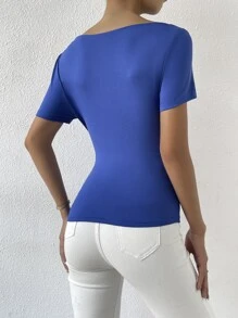 SHEIN Privé Asymmetrical Neck Ruched Tee - Royal Blue - View 2