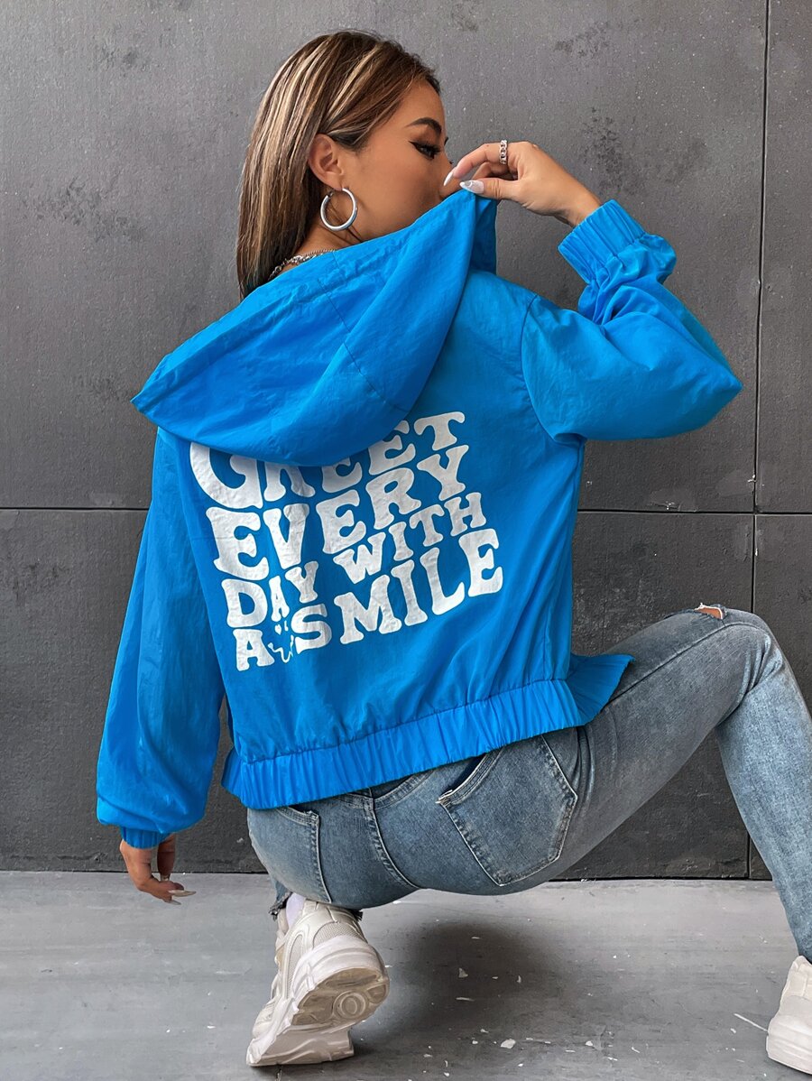 SHEIN EZwear Slogan Graphic Zip Up Drawstring Hooded Jacket - Blue - View 1