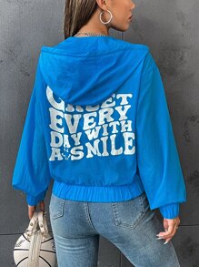 SHEIN EZwear Slogan Graphic Zip Up Drawstring Hooded Jacket - Blue - View 2