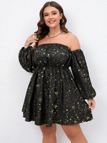 SHEIN LUNE 大碼金色星星印花一字肩燈籠袖洋裝 - 黑色 - 查看 3