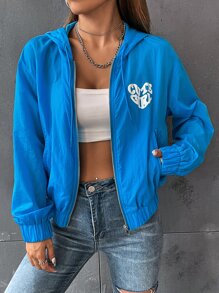 SHEIN EZwear Slogan Graphic Zip Up Drawstring Hooded Jacket - Blue - View 3