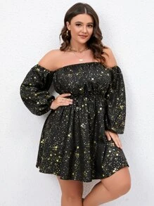 SHEIN LUNE 大碼金色星星印花一字肩燈籠袖洋裝 - 黑色 - 查看 6