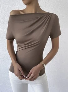 SHEIN Privé 不對稱領褶邊T恤 - 摩卡棕 - 查看 5