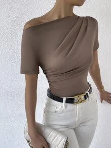 SHEIN Privé 不對稱領褶邊T恤 - 摩卡棕 - 查看 6