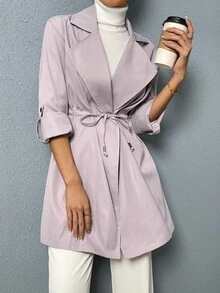 SHEIN Clasi Roll-up Sleeve Drawstring Waist Trench Coat - Purple - View 2