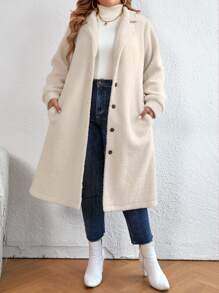 Celure Plus Lapel Neck Slant Pockets Teddy Coat - Beige - View 1