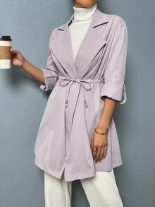 SHEIN Clasi Roll-up Sleeve Drawstring Waist Trench Coat - Purple - View 4