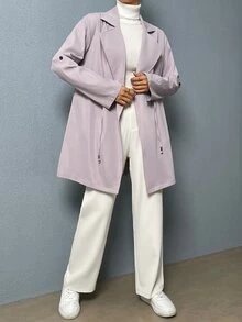 SHEIN Clasi Roll-up Sleeve Drawstring Waist Trench Coat - Purple - View 5