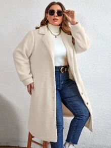 Celure Plus Lapel Neck Slant Pockets Teddy Coat - Beige - View 5