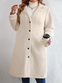 Celure Plus Lapel Neck Slant Pockets Teddy Coat - Beige - View 6