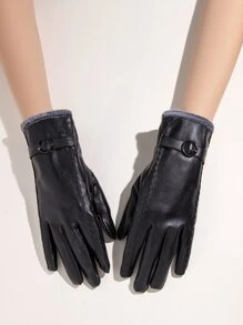 Buckle Decor Plush Lined Gloves - Black - View 1