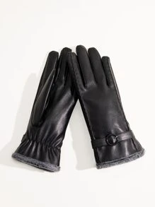 Buckle Decor Plush Lined Gloves - Black - View 2
