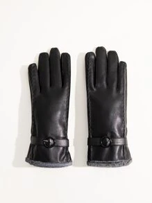 Buckle Decor Plush Lined Gloves - Black - View 3