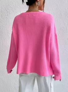 SHEIN Frenchy 秋冬款缺口领落肩开衩下摆毛衣、长袖上衣 - 粉色 - 查看 2