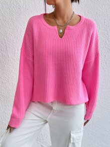 SHEIN Frenchy 秋冬款缺口领落肩开衩下摆毛衣、长袖上衣 - 粉色 - 查看 4