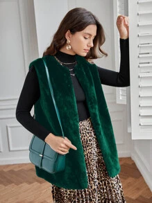 SHEIN Frenchy 開門襟毛茸茸外套馬甲 - 墨綠色 - 查看 2