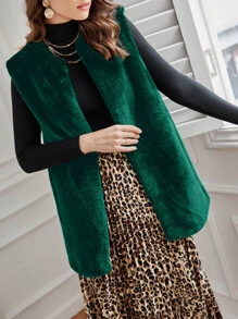 SHEIN Frenchy 開門襟毛茸茸外套馬甲 - 墨綠色 - 查看 3