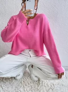 SHEIN Frenchy 秋冬款缺口领落肩开衩下摆毛衣、长袖上衣 - 粉色 - 查看 6