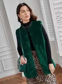 SHEIN Frenchy 開門襟毛茸茸外套馬甲 - 墨綠色 - 查看 1