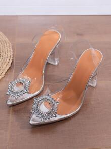 Rhinestone Decor Peep Toe Clear Chunky Heeled Slingback Pumps - Clear - View 8