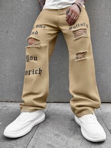 Manfinity EMRG Jeans Masculinos Sueltos Con Gráficos De Letras Y Detalles Rasgados - Camel - Ver 4