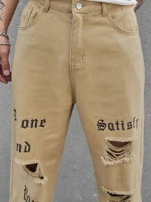 Manfinity EMRG Jeans Masculinos Sueltos Con Gráficos De Letras Y Detalles Rasgados - Camel - Ver 5