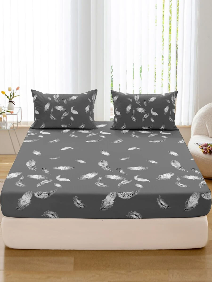 羽毛印花床笠套裝不附內芯 - 灰色 - 查看 1