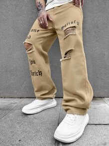 Manfinity EMRG Jeans Masculinos Sueltos Con Gráficos De Letras Y Detalles Rasgados - Camel - Ver 7
