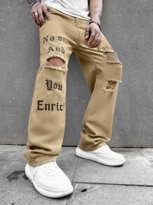 Manfinity EMRG Jeans Masculinos Sueltos Con Gráficos De Letras Y Detalles Rasgados - Camel - Ver 8